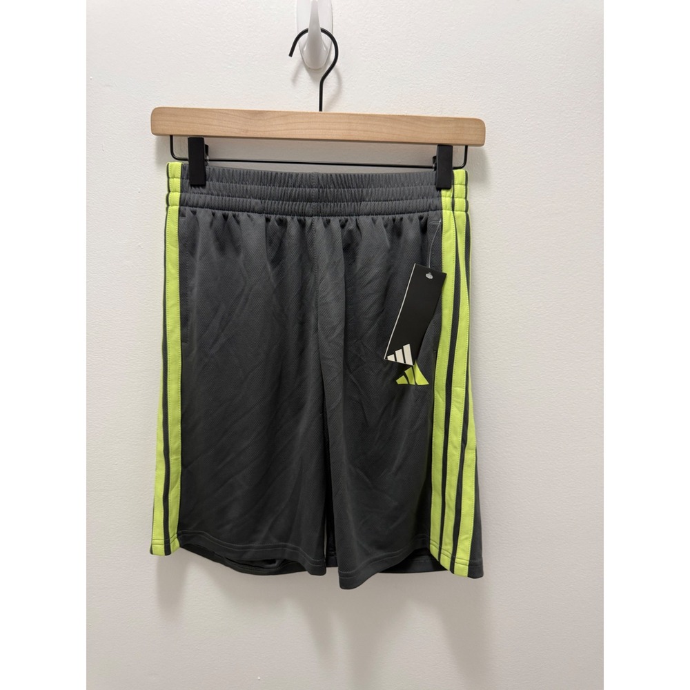 Adidas Boys Ess 3-Stripe Shorts Grey Neon Green KK6851 Size L 14/16 NWT